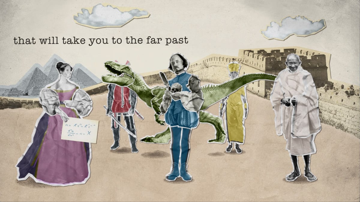 Animation still: A collage-style scene with historical creatures and famous people with pyramids and other historical buildings in the background