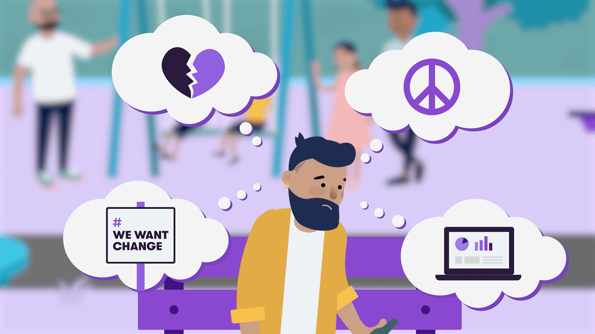 Animation still: A young white man sits on a park bench. He is looking very sad as he worries about personal stresses and world events. There are 4 thought bubbles appearing from his head displaying visuals of the things he has on his mind; the 1st bubble shows a heart broken in 2, representing recent heartbreak. The 2nd bubble shows a peace sign to represent his concern for world peace. The 3rd bubble shows a protest placard displaying the words 'we want change', representing his concern for various causes, the last bubble shows a laptop with graphs and information on it, representing the pressure he is under at work. In the out-of-focus background there is a young family playing on the swings.