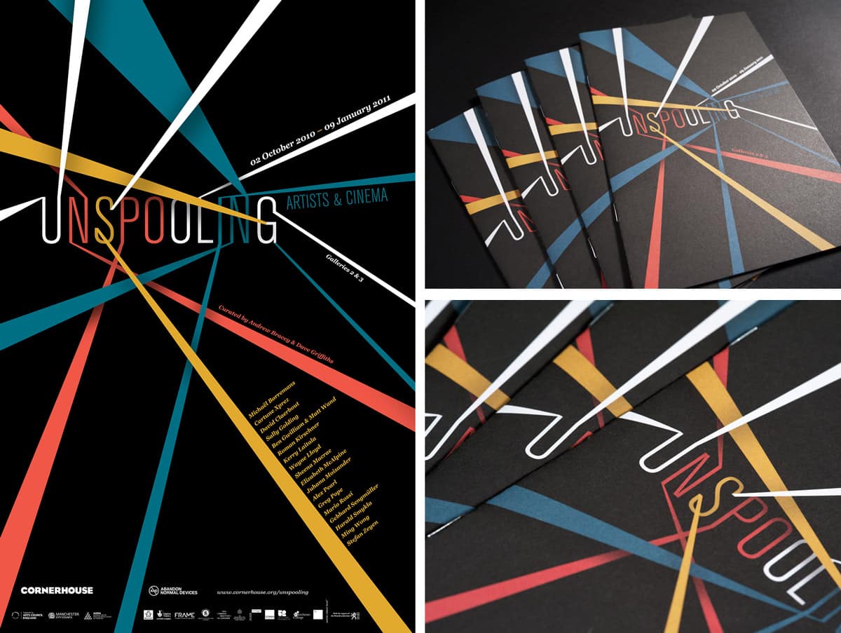 3 images in 1: The Unspooling poster advert, 4 gallery guides spread put in a fan configuration and a close up of the front of them