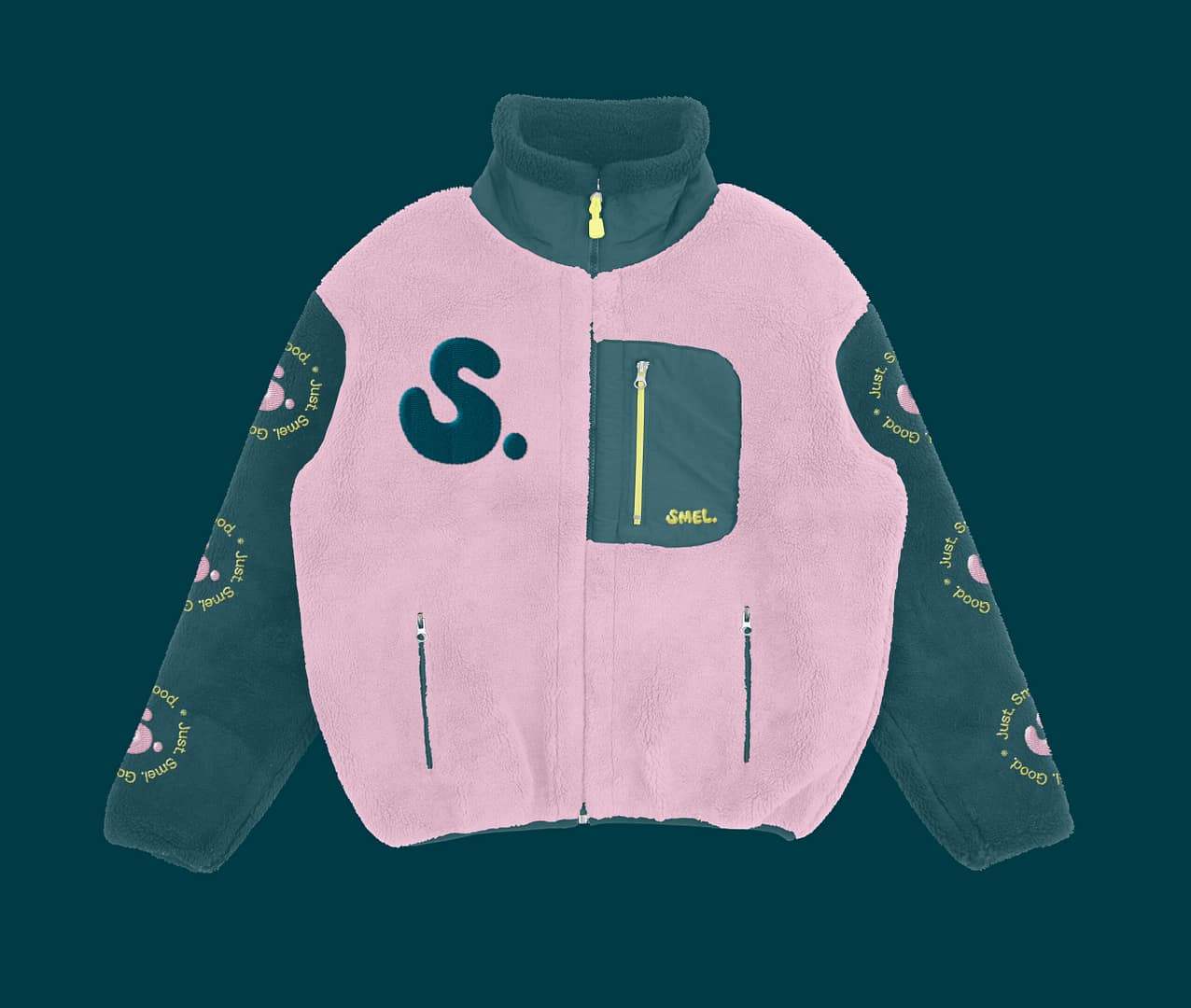 Front view of a SMEL fleece jacket displayed against a dark background. The jacket features a pale pink body with black sleeves, collar, and chest pocket. A large dark "S." is printed on the left chest, and the pocket is decorated with a small yellow "SMEL." logo. The sleeves are patterned with repeating yellow "Just Smel. Good." circles around pink "S." logos.