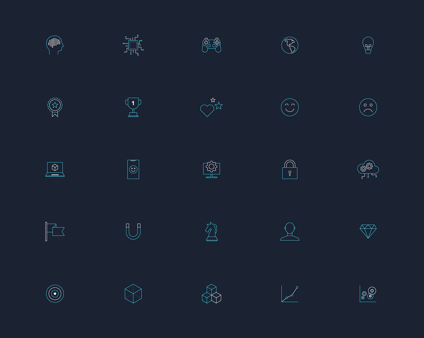 A 5x5 grid of minimalist icons on a dark background, each symbolising different concepts or tools. They include a smile face, a sad smiley face, a chess knight, a user, a graph with increasing scale, a lock, a target, a magnet and so no all signifying gaming and business icons.