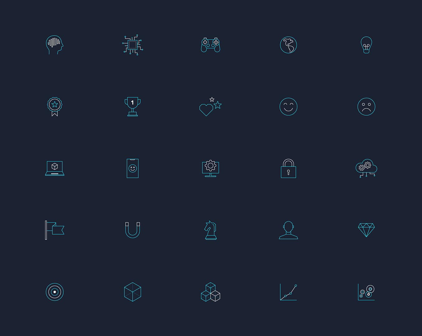 A 5x5 grid of minimalist icons on a dark background, each symbolising different concepts or tools. They include a smile face, a sad smiley face, a chess knight, a user, a graph with increasing scale, a lock, a target, a magnet and so no all signifying gaming and business icons.