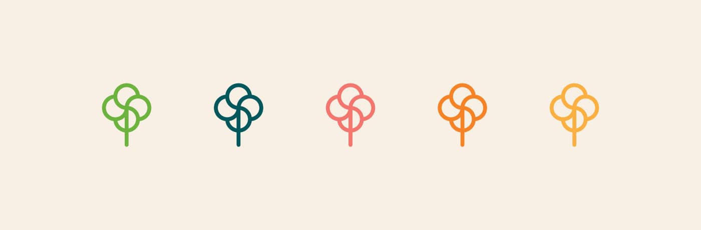 Pharmacist Support emblems from the logo in 5 brand colours; green, teal, peach, orange and yellow.