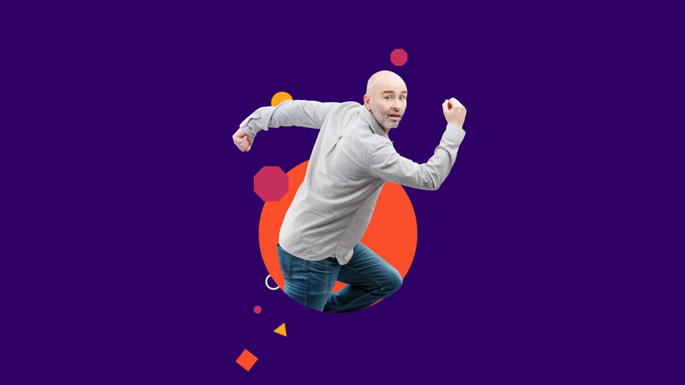 A white middle age man in a running pose framed within an orange circle. He looks excited and is wearing a grey shirt and blue jeans. He is surrounded by brand shapes including octagons, circles and squares on a purple background colour.
