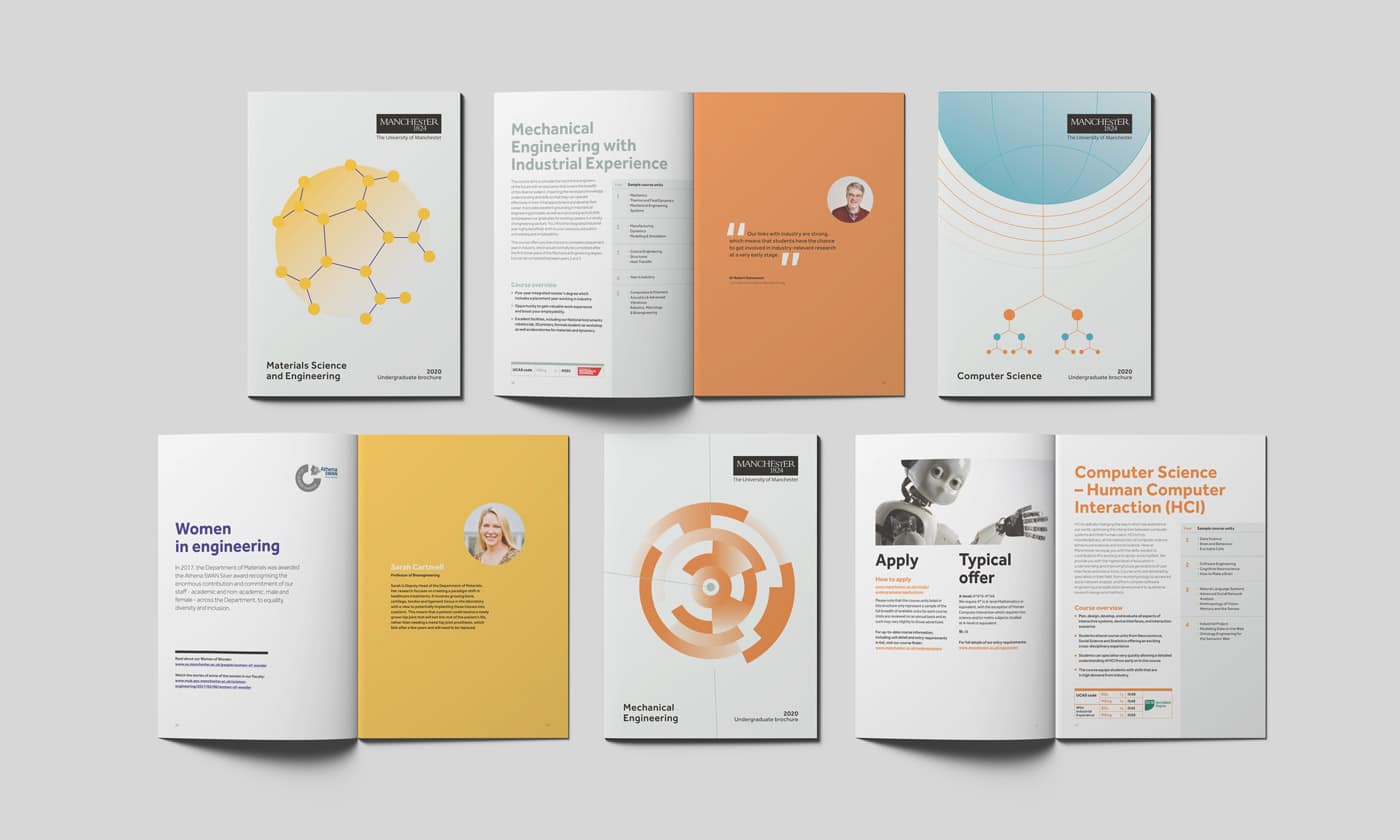 Materials Science, Computer Science and Mechanical Engineering brochures laid flat and shot from above in an aligned and structured fashion. Each brochure is displayed twice; the front cover and a double page spread.