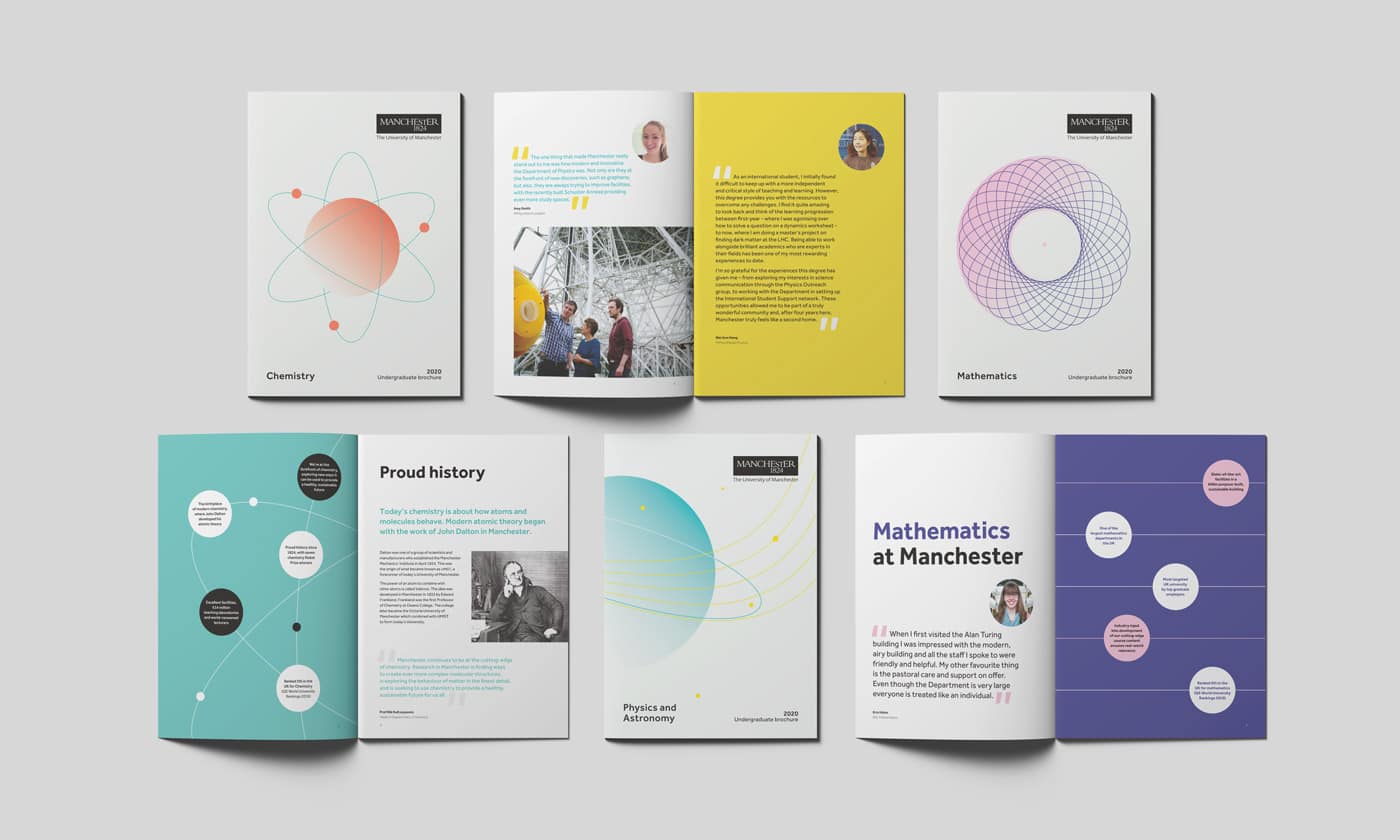 Chemistry, Mathematics and Physics and Astronomy brochures laid flat and shot from above in an aligned and structured fashion. Each brochure is displayed twice; the front cover and a double page spread.