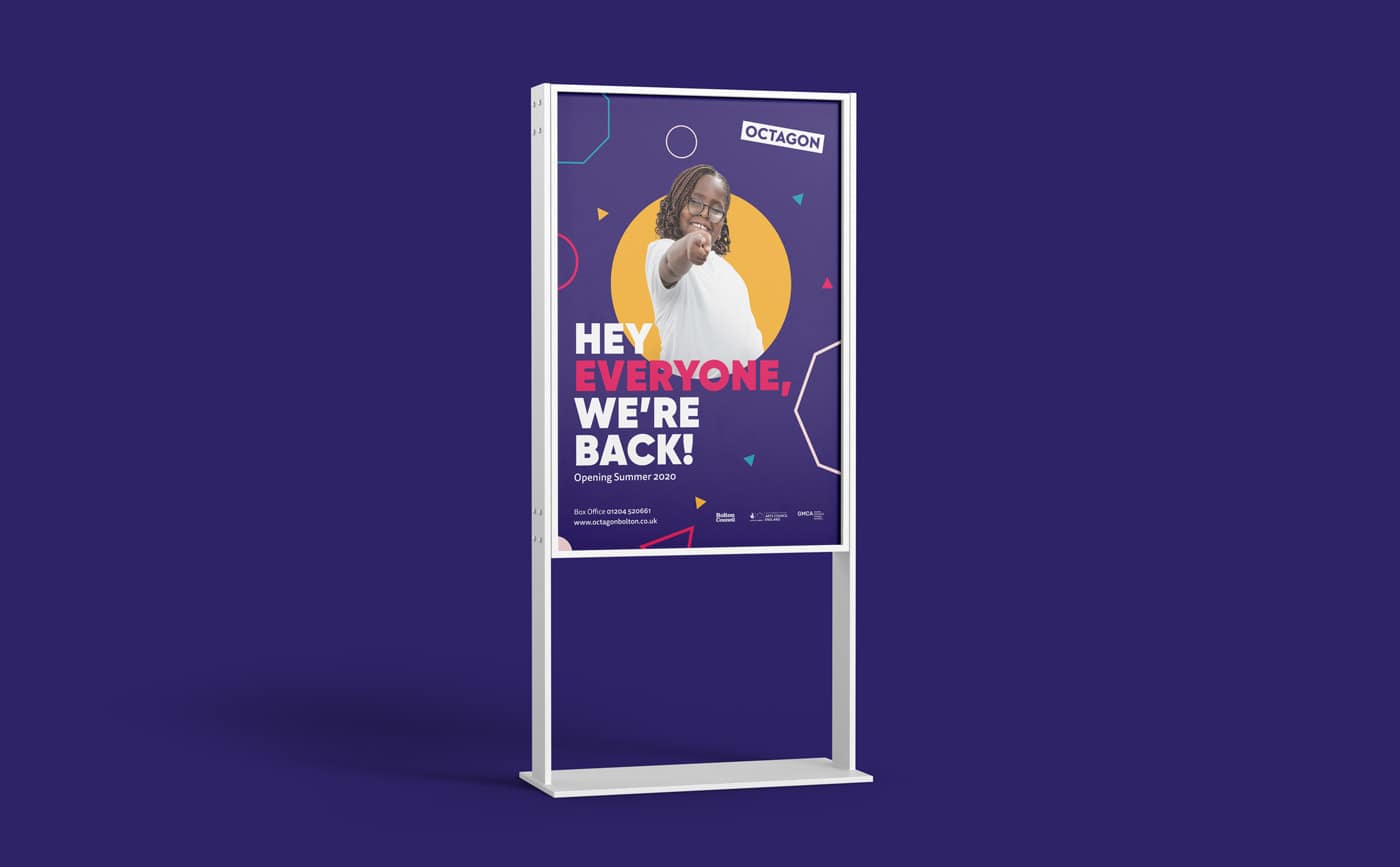 Brand poster with the words 'Hey Everyone, we're back!' and a happy young black girl and pointing towards the camera and framed in a yellow circle on an purple background, with playful shapes scattered around her.