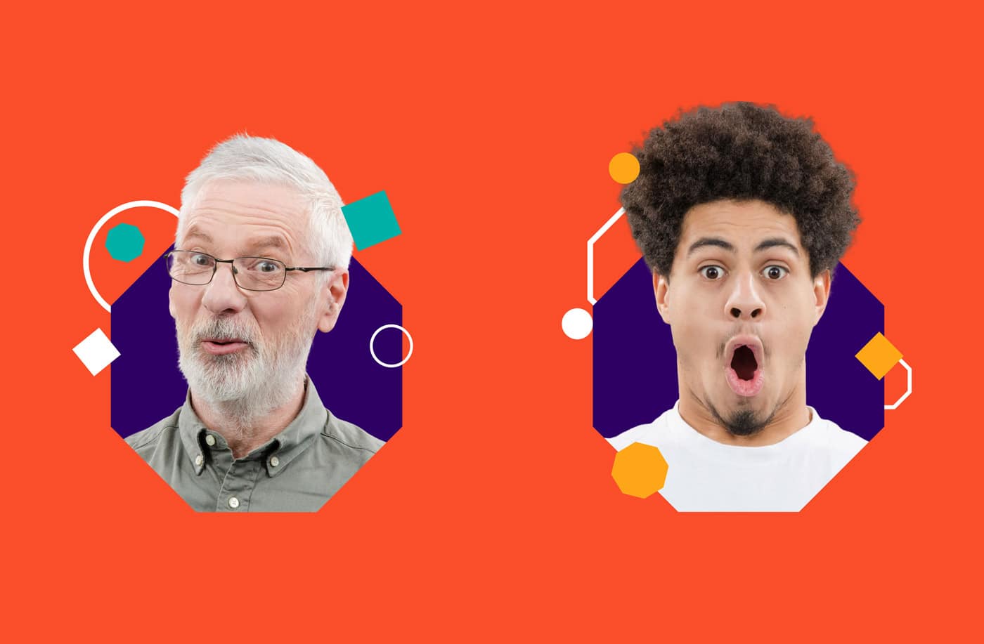 Brand photography illustrating the reactions of people experiencing the magic of the Octagon Theatre. This image shows head shots of an older white man looking cheeky and surprised, and a black / mixed race teenage boy looking amazed and astonished! They are both framed in purple hexagons on an orange background, with playful shapes scattered around them.