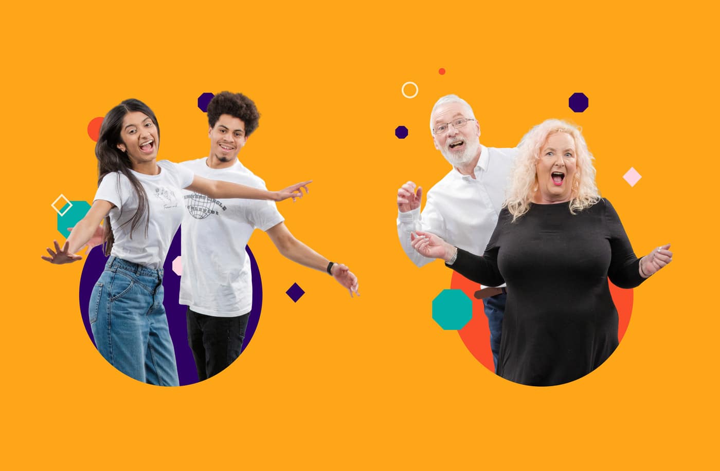 Brand photography illustrating the joy of people experiencing the magic of the Octagon Theatre. This image shows two young happy teenagers jumping up and two older people dancing. Each pair is framed in a purple and orange circle respectively, on a yellow background, with playful shapes scattered around them.