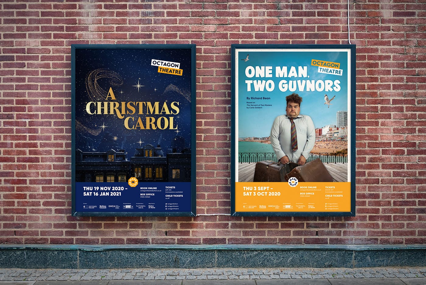 Octagon Theatre show posters: A Christmas Carol and One Man, Two Guvnors.