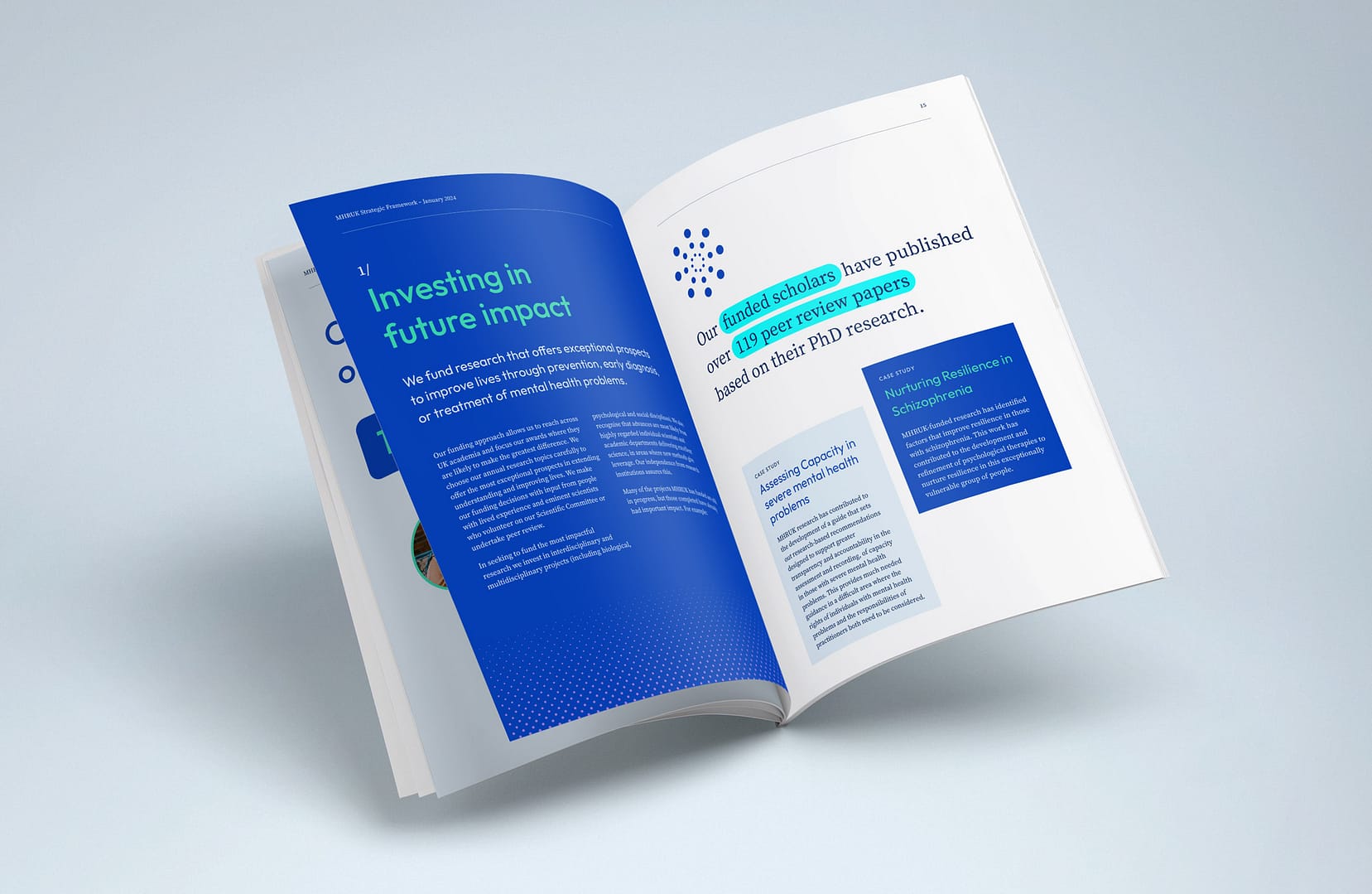 An open 2024 strategy document from Mental Health Research UK. The left page, titled "Investing in future impact," details the charity's goals in funding research for better mental health solutions. The right page showcases the achievements, stating "Our funded scholars have published 119 peer review papers based on their PhD research." The design employs the charity's brand colours and maintains a clear, professional layout, reflecting their future goals and past successes.