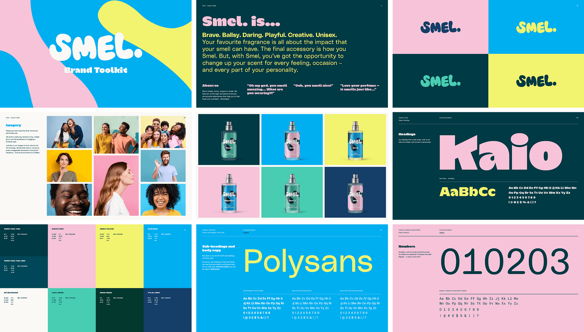 SMEL brand toolkit collage featuring colourful panels. Includes playful SMEL logos in different colourways, lifestyle imagery of smiling people, product photos of SMEL fragrance bottles, bold typography examples with "Kaio" and "Polysans" fonts, and brand colour palettes with names like Sunset Coral and Island Green, all set against vibrant backgrounds.