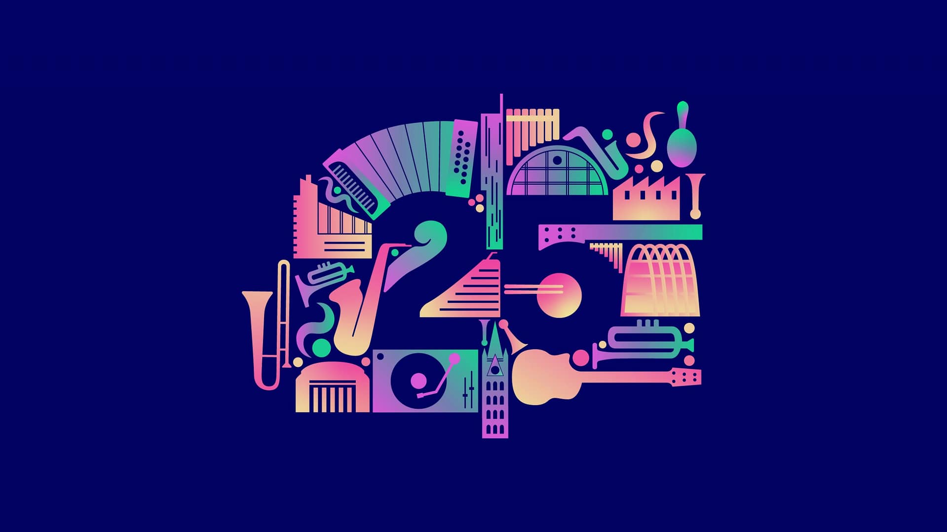 Manchester Jazz Festival 25 branding. The visual displays multiple instruments and Manchester landmarks organised to create the number 25 via their negative space.