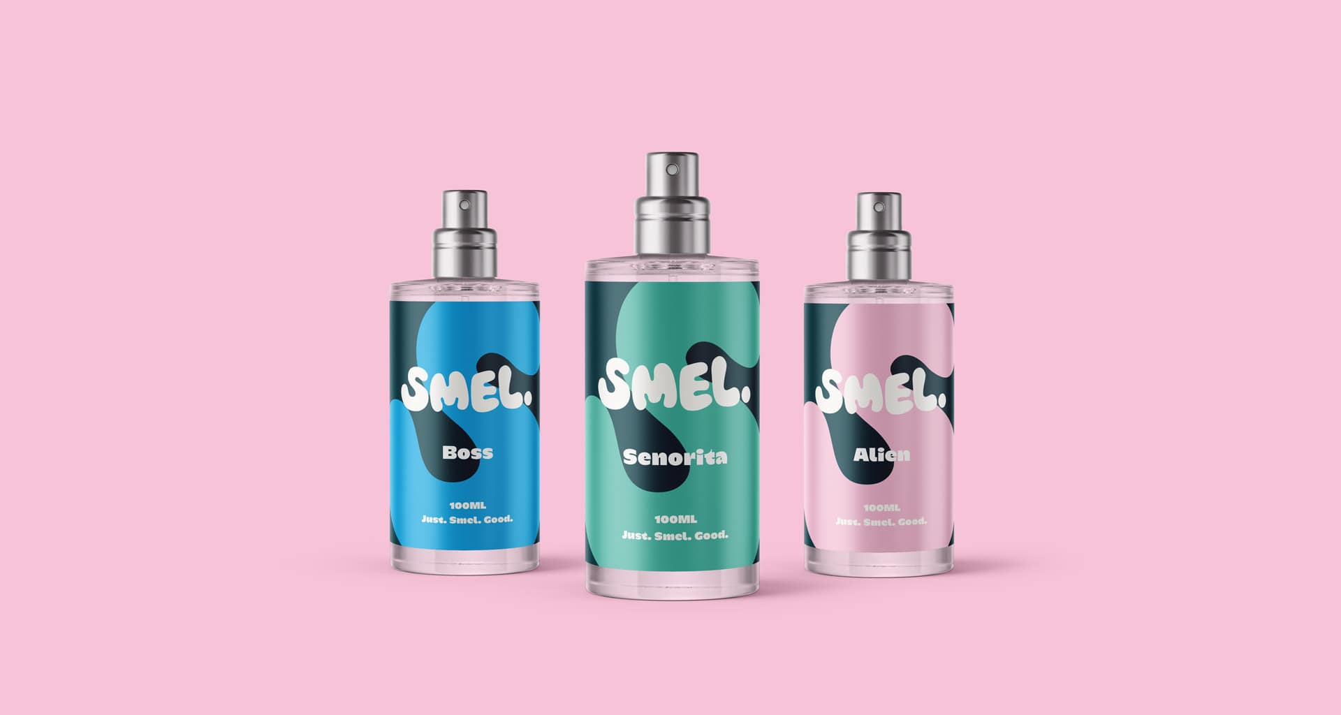 Three SMEL fragrance bottles against a solid pink background. The bottles feature playful, abstract designs in bold colours – blue for Boss, green for Senorita, and pink for Alien – each with white, bubbly SMEL logos and silver spray tops.
