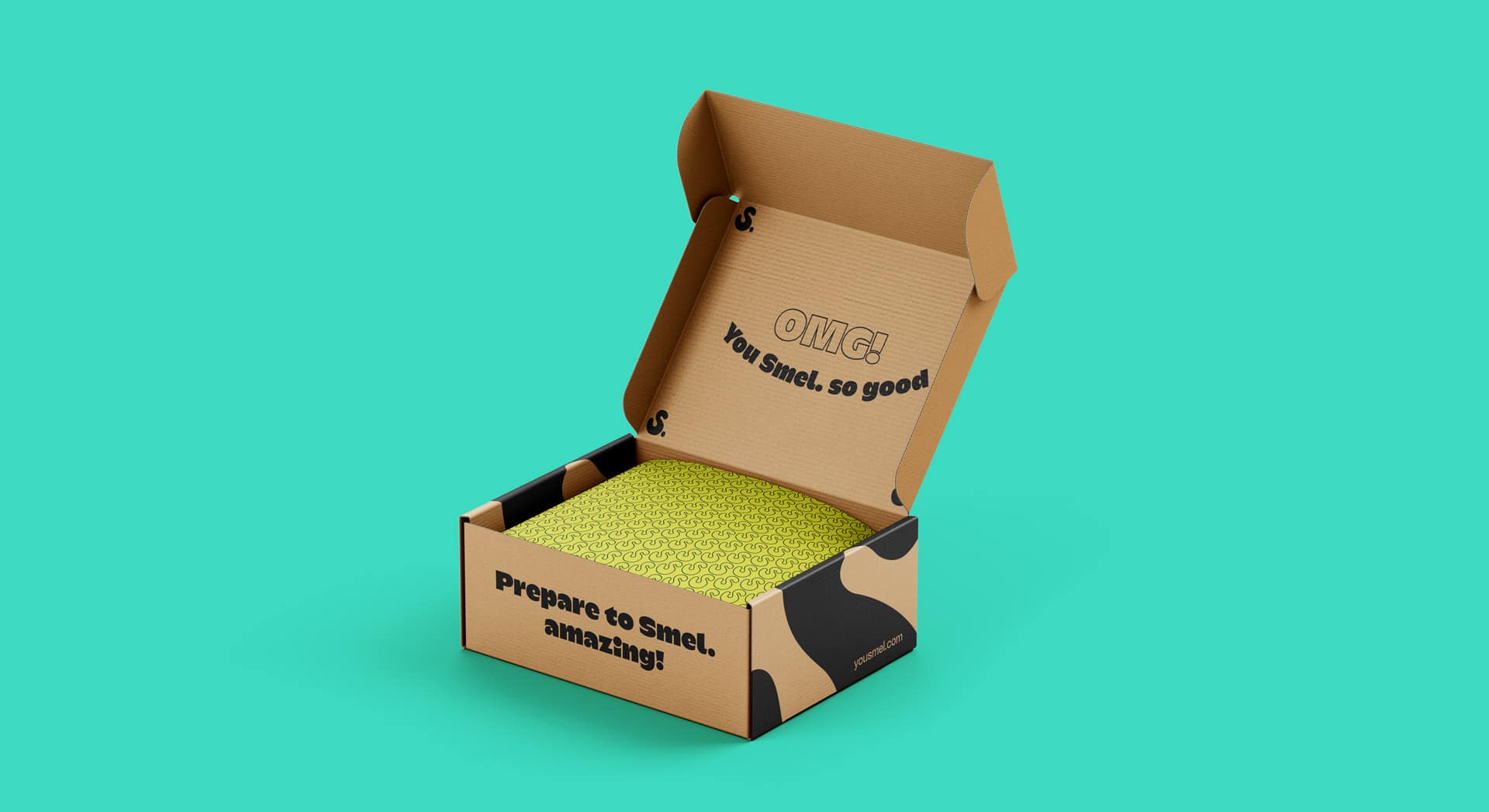 Open SMEL-branded cardboard box against a bright turquoise background. The inside lid reads "OMG! You Smel. so good" in bold black text, while the outside says "Prepare to Smel. amazing!" The box contains yellow patterned tissue paper with playful branding.