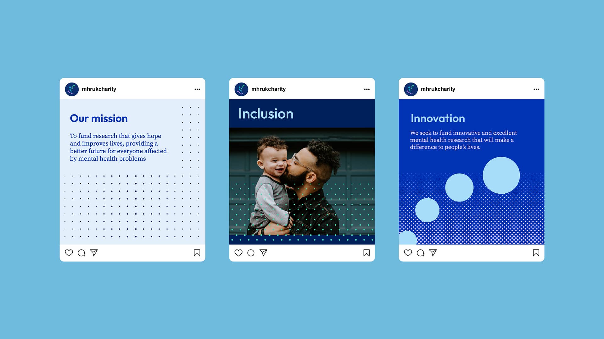 A set of three Instagram posts from the account "mhrukcharity". The first post titled "Our mission" describes the charity's goal to fund research that provides hope and improves lives for those affected by mental health problems, presented against a light dotted background. The second post, "Inclusion", features a joyful image of a man lifting a child, symbolising inclusivity and support within mental health initiatives. The third post, "Innovation", talks about the charity's aim to fund innovative and impactful mental health research, showcased with abstract blue circles on a dotted background. Each post uses a consistent blue colour scheme and clean design to communicate the charity's key messages.