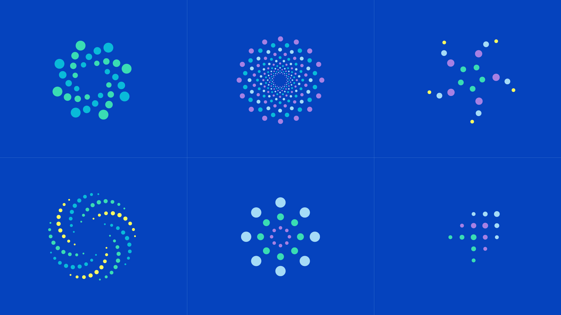 Six graphic patterns for Mental Health Research UK, featuring arrangements of dots in blue, green, yellow, and pink on a vibrant blue background. The designs vary from circular to abstract shapes, symbolising connectivity, growth, and innovation, aligning with the organisation's focus on mental health research.
