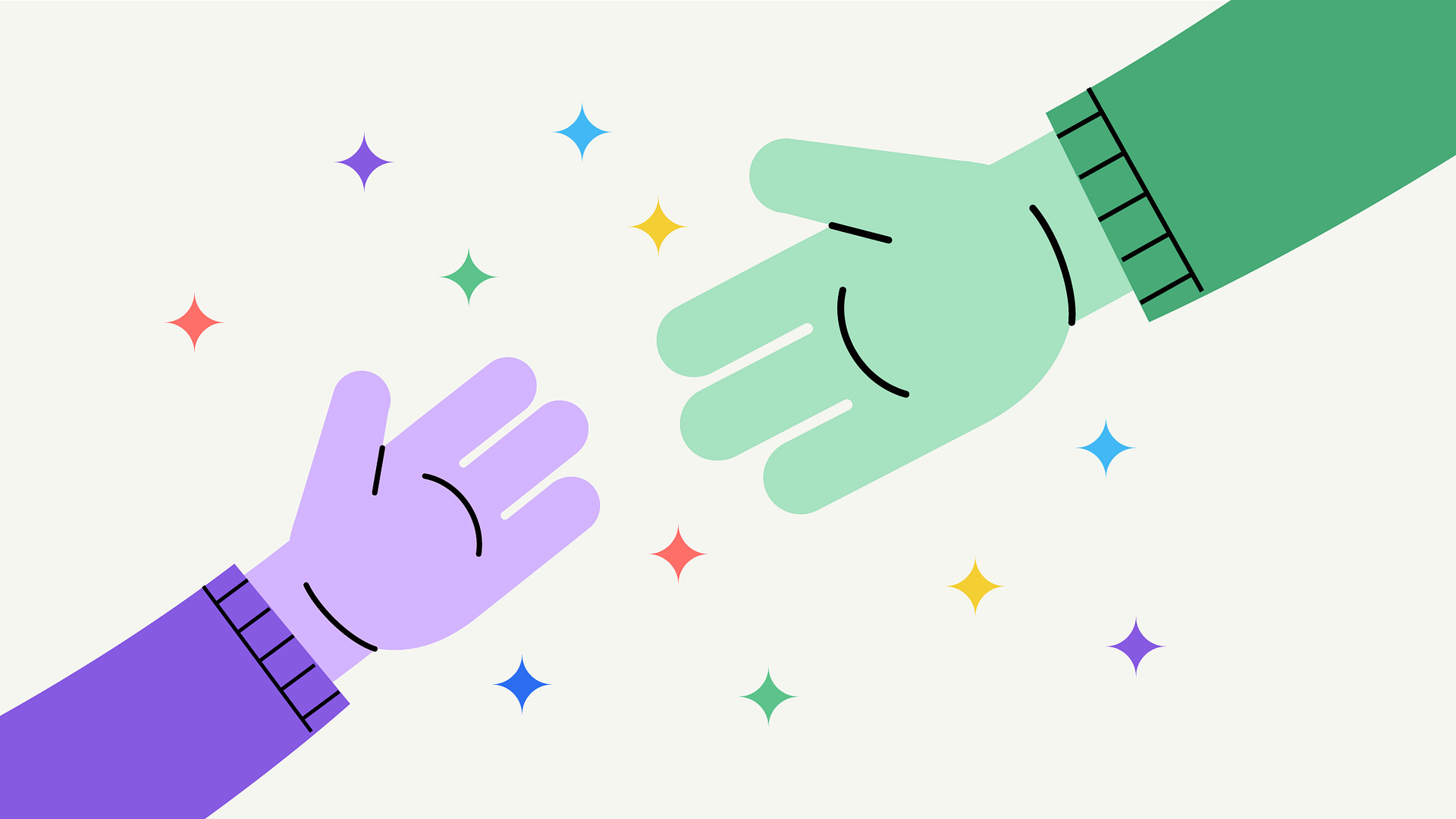 A young person’s hand reaching towards an adult’s hand, with stars twinkling all around