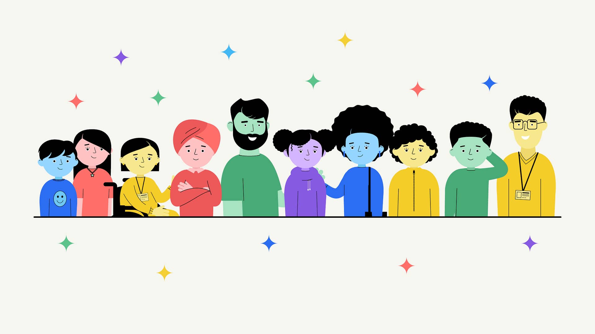 A large group of people, diverse in age, ethnicity, gender and profession, are displayed. There are colorful stars twinkling all over in their surroundings.