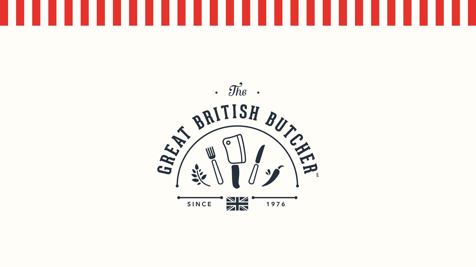 The Great British Butcher logo in an almost black shade of blue on a cream background. The logo is made up of the logotype as semi-circle arching over a chopping cleaver, life and fork, a herb and a chilli. Under the main logo there is type that reads ‘Since 1976’ on either side of a small Union Jack flag.