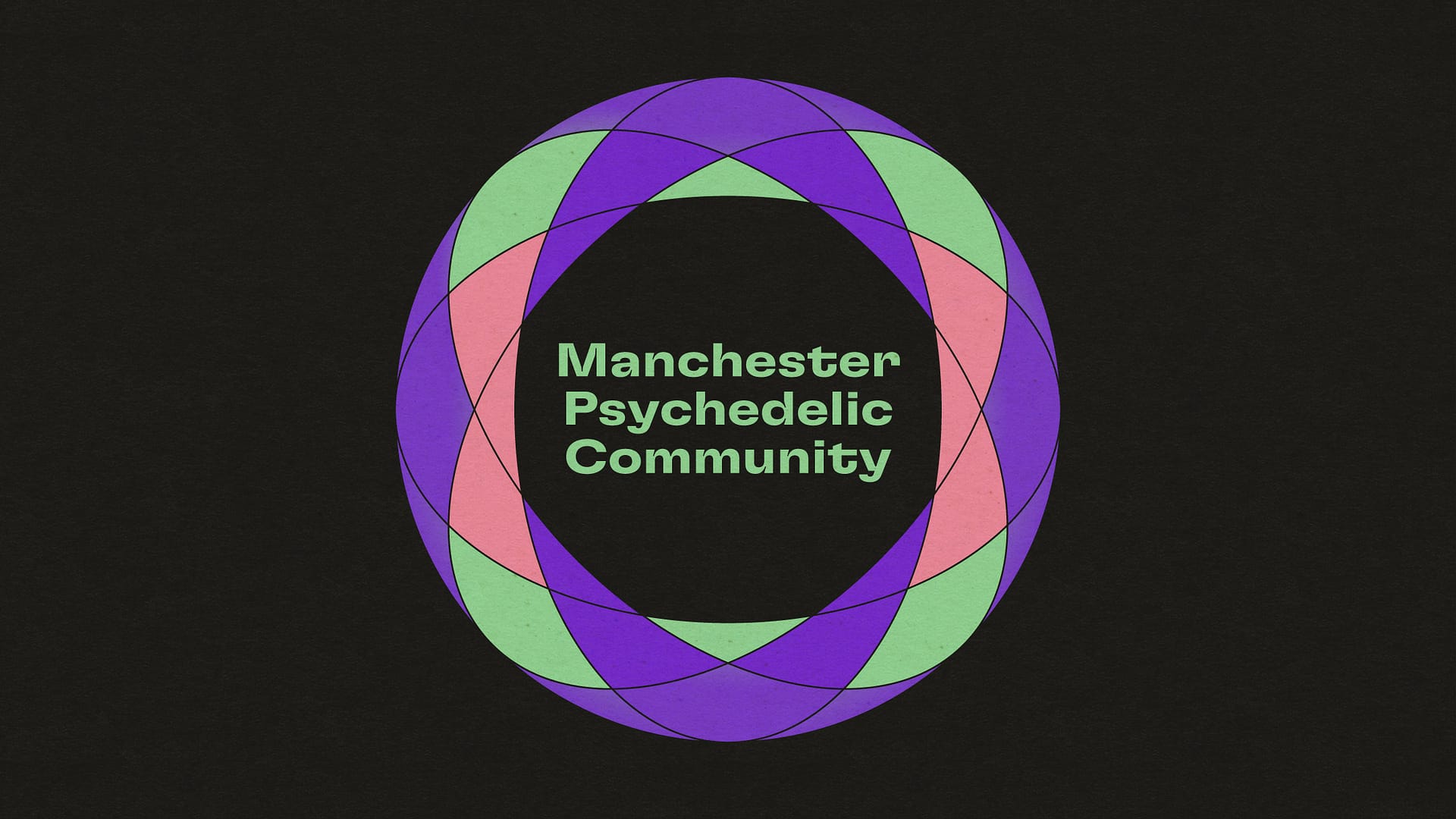 A graphic featuring a colourful spiral design in purple, green, and pink on a black background, with the group's name, 'Manchester Psychedelic Community' in bold green text at the centre.