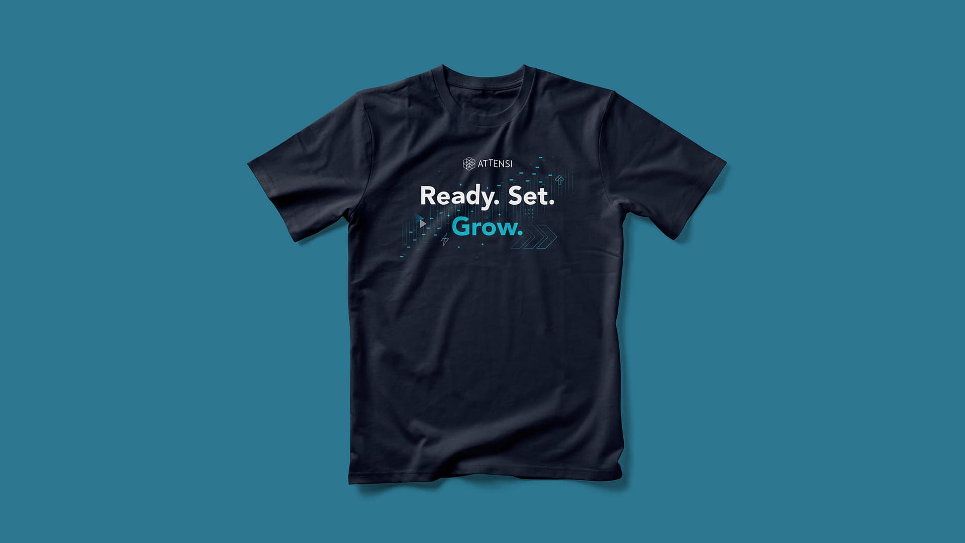 A black tee that says “Ready Set Grow” , and flaunting Attensi’s logo on top of it. The background is solid cyan.