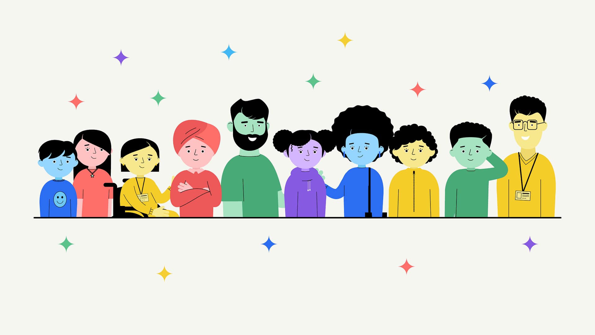 A large group of people, diverse in age, ethnicity, gender and profession, are displayed. There are colorful stars twinkling all over in their surroundings.