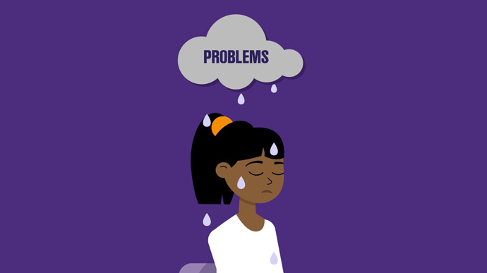 Animation still: A young Asian lady is sat down with her eyes closed, looking sad. There is a dark raincloud above her head with raindrop falling down. In the cloud is the word 'Problems'.