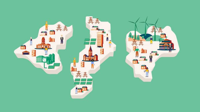 Animation still of the Greater Manchester regions of Trafford, Manchester and Rochdale. On the Trafford region there is a Green Energy Park, on Manchester there are multiple solar farms, and on Rochdale there are wind farms. Each of the regions also has visuals of local landmarks, residents and residential and commercial buildings.