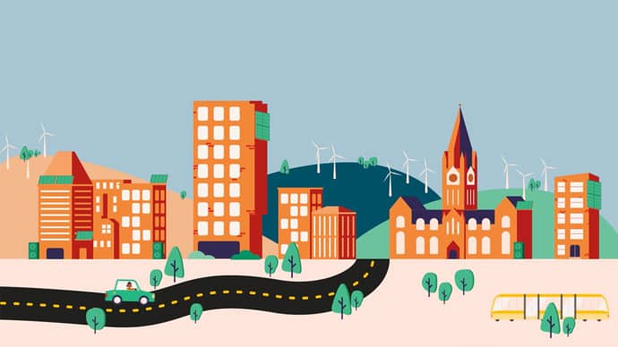 Animation still: A city scene showing commercial, residential and public buildings - all with solar panels n them. In the foreground is a road with a car, next to a tram and plenty of trees. In the background are hills with many wind turbines and trees.