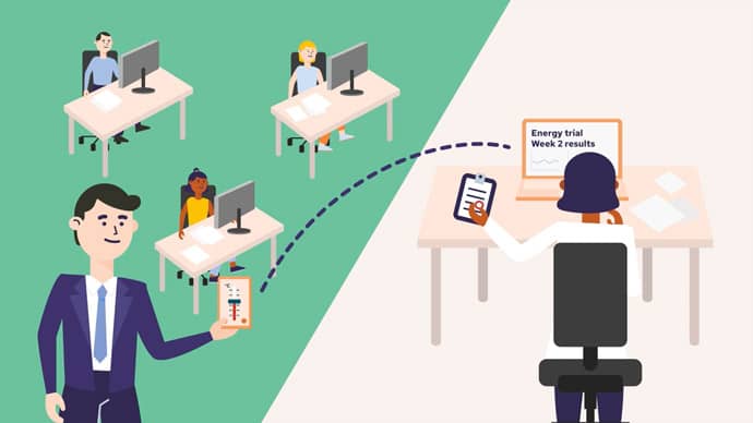 Animation still of a a commercial building occupier taking part in early Local Energy Market research. On the right is a researcher understanding how they use Heat as a Service, to inform how it could be delivered in commercial buildings.