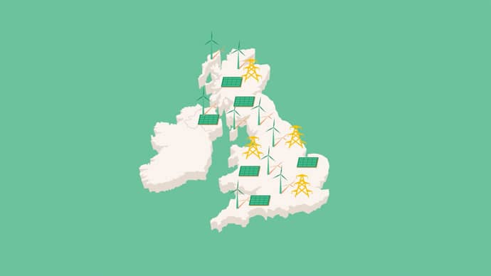 Animation still of a map of the UK displaying solar farms, wind turbines and pylons.