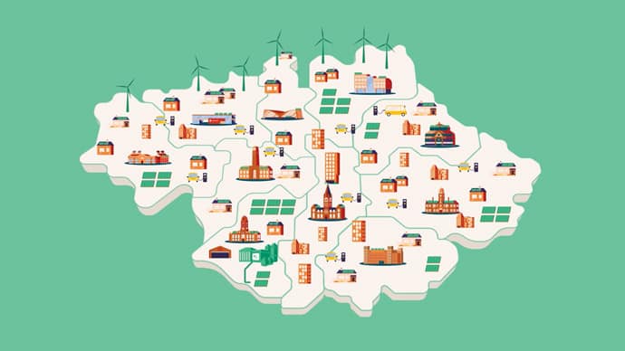 Animation still of all the Greater Manchester regions together. Each region displays a local landmark, in addition to wind turbines, solar farms, electric vehicle charging points, homes, commercial buildings and pylons. The landmarks shown are: Manchester Town Hall, Trafford Town Hall, Spindles Shopping Centre, Number One Riverside, Stopford House, Lady Bridge High School, Leigh Sports Village, Hyde Town Hall, Bury Market Hall, Salford Civic Centre.
