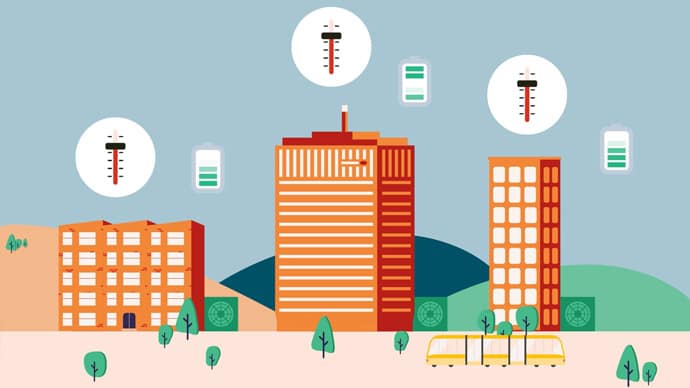 Animation still of 3 commercial buildings in a city centre with temperature dials above them. To the right of each building is an icon of a battery.