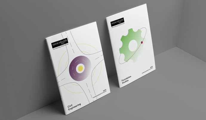 Civil Engineering brochure, and Foundation Studies brochure. Both have an abstract visual representation of each course on the cover. They are positioned upright against a grey background.