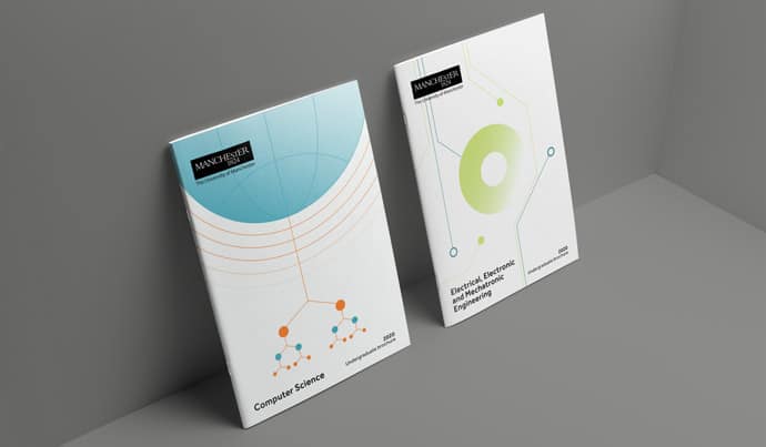 Computer Science brochure, and Electrical, Electronic and Mechatronic Engineering brochure. Both have an abstract visual representation of each course on the cover. They are positioned upright against a grey background.