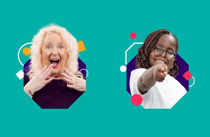 Brand photography illustrating the reactions of people experiencing the magic of the Octagon Theatre. This image shows head shots of an older white lady looking amazed, and a young black girl looking happy and pointing towards the camera! They are both framed in purple hexagons on an aqua background, with playful shapes scattered around them.
