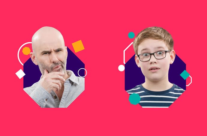 Brand photography illustrating the reactions of people experiencing the magic of the Octagon Theatre. This image shows head shots of a middle age white man looking curious, and a young white boy looking surprised! They are both framed in purple hexagons on a magenta background, with playful shapes scattered around them.
