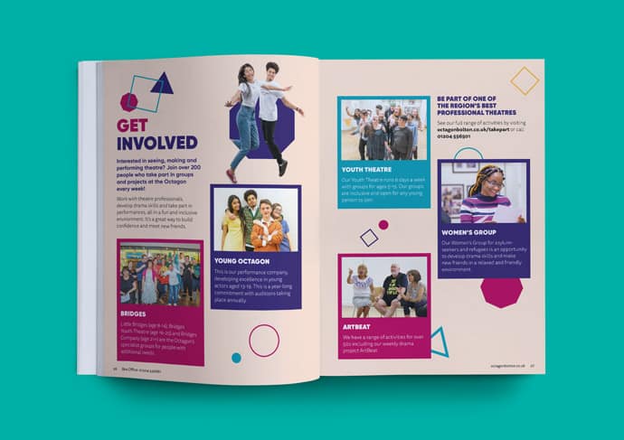 Octagon Theatre brochure double page spread with information about how to get involved including; Bridges, Young Octagon, Youth Theatre, Women’s Groups and Artbeat. The heading reads: "Get involved".