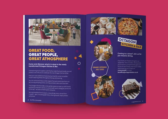 Octagon Theatre brochure double page spread with information about the Kitchen & Bar. The heading reads: "Great food, great people, great atmosphere".