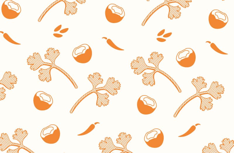 Brand pattern using the ingredients illustrations for the Crunchy Curry Crumb in a repeating fashion.