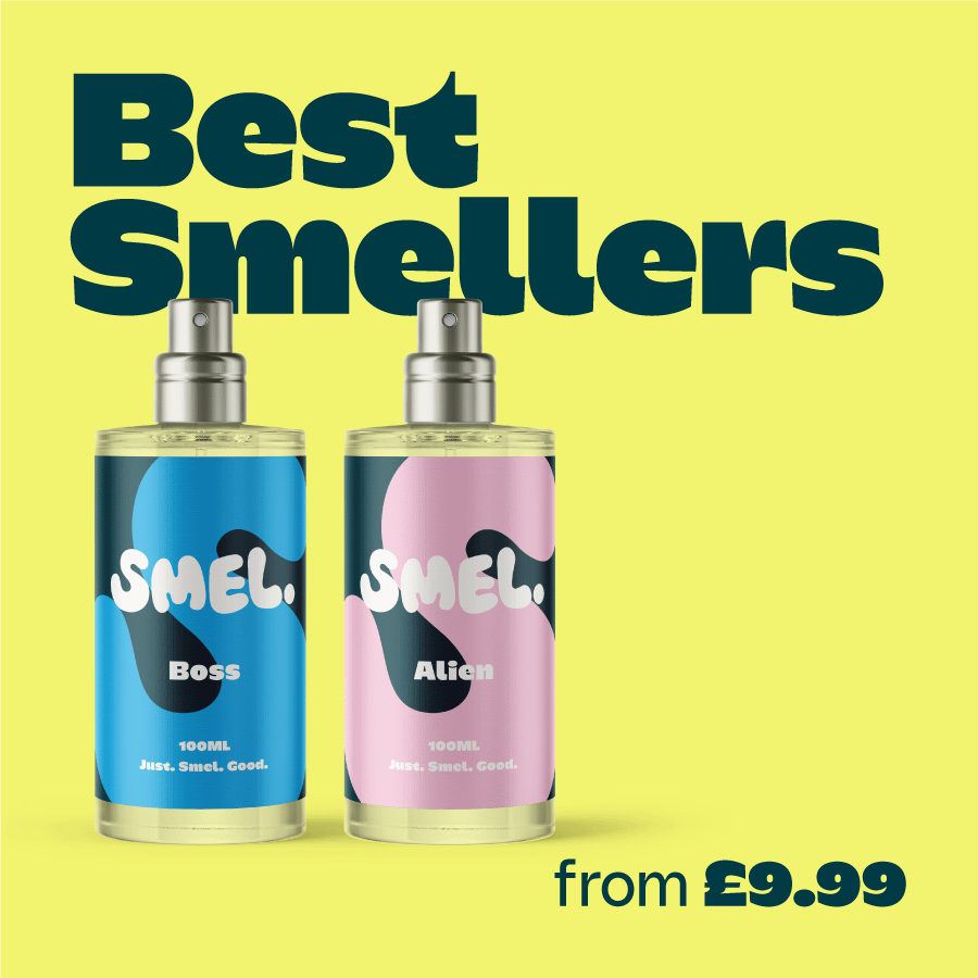 Promotional graphic featuring two SMEL fragrance bottles, "Boss" and "Alien," against a yellow background. Bold teal text reads "Best Smellers" at the top and "from £9.99" at the bottom right.