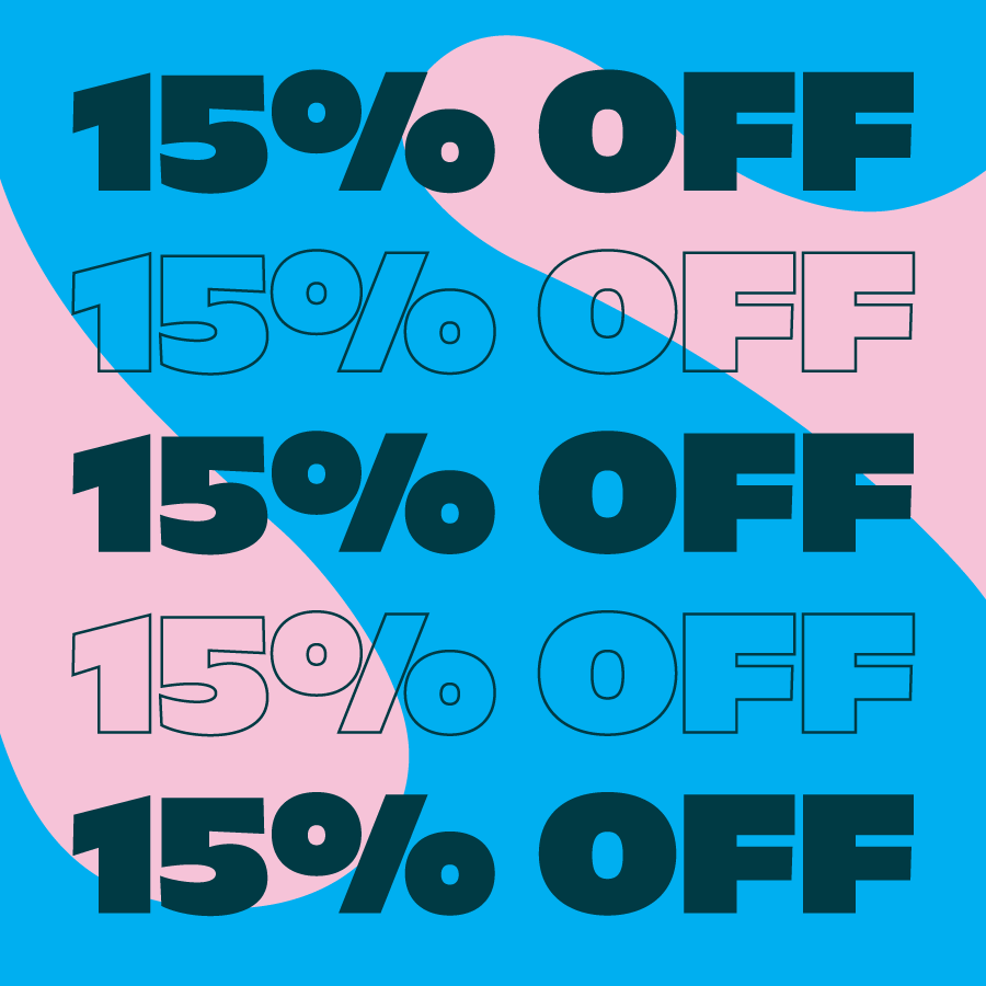 Bold graphic with repeated "15% OFF" text stacked vertically in different weights and outlines, set against a bright blue and pink abstract background pattern.