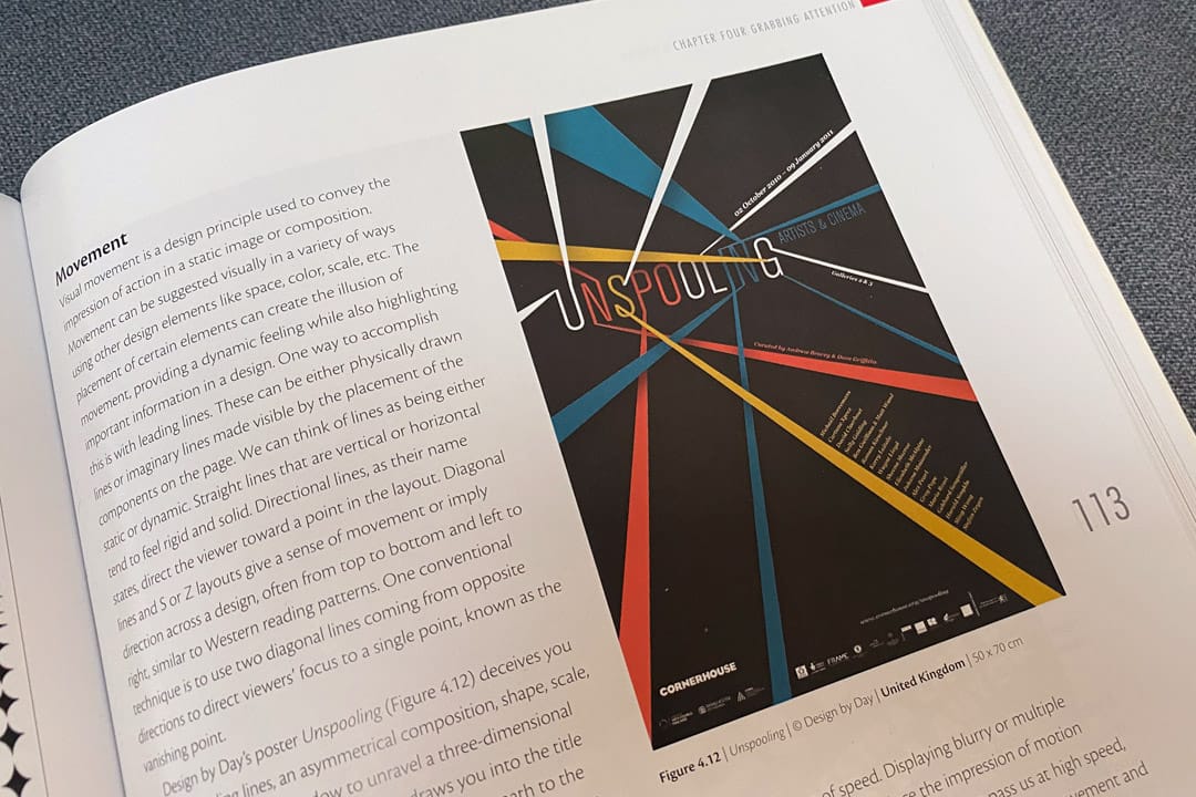 Page 113 of Making Posters book showing the Unspooling poster and a write up about the techniques used.